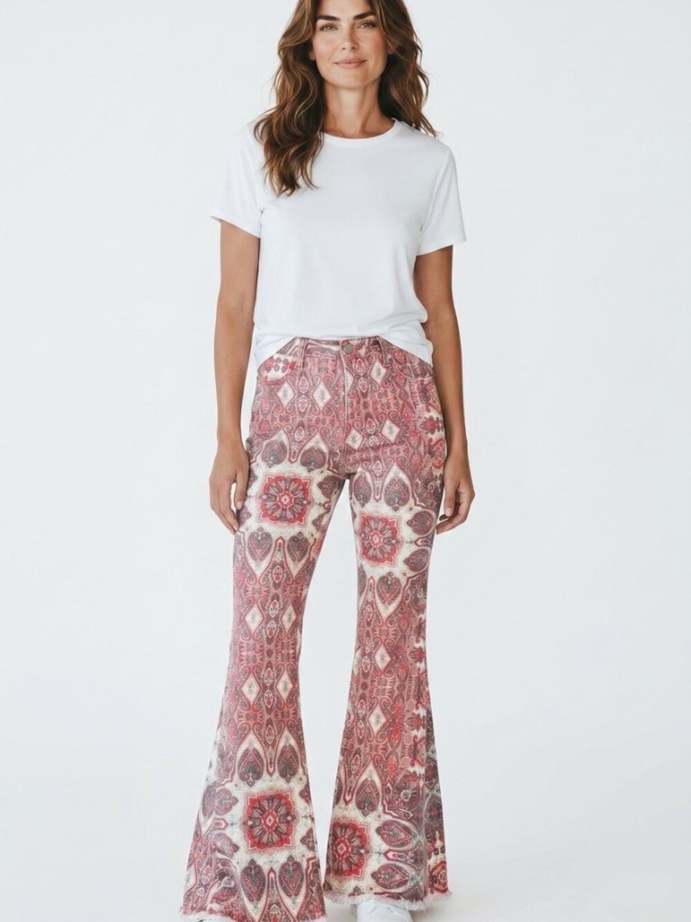 Women’s Saints & Hearts Flair Jeans Maroon Paisley Print High-Rise Sz Med